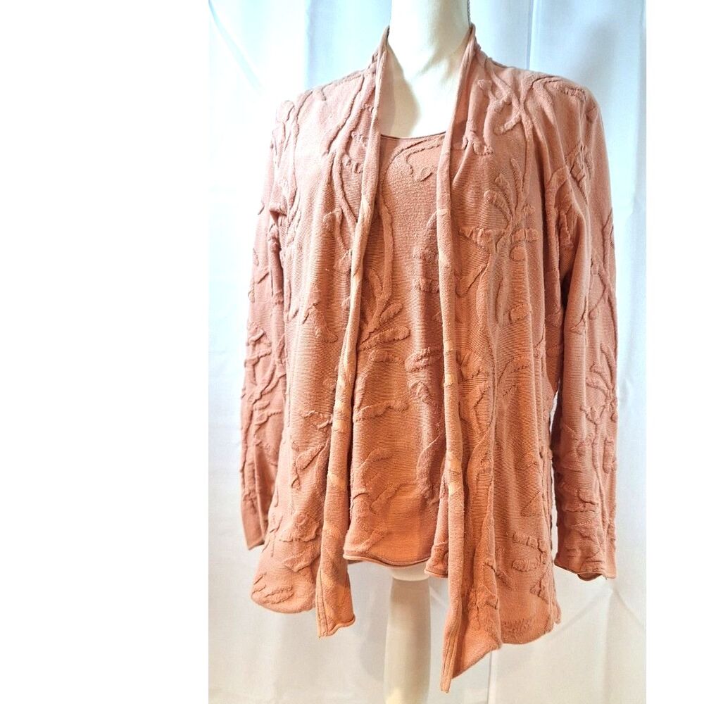 Neiman Marcus Exclusive 2pc Cardigan Tank Set Peach Pink Floral Jacquard Sz XL